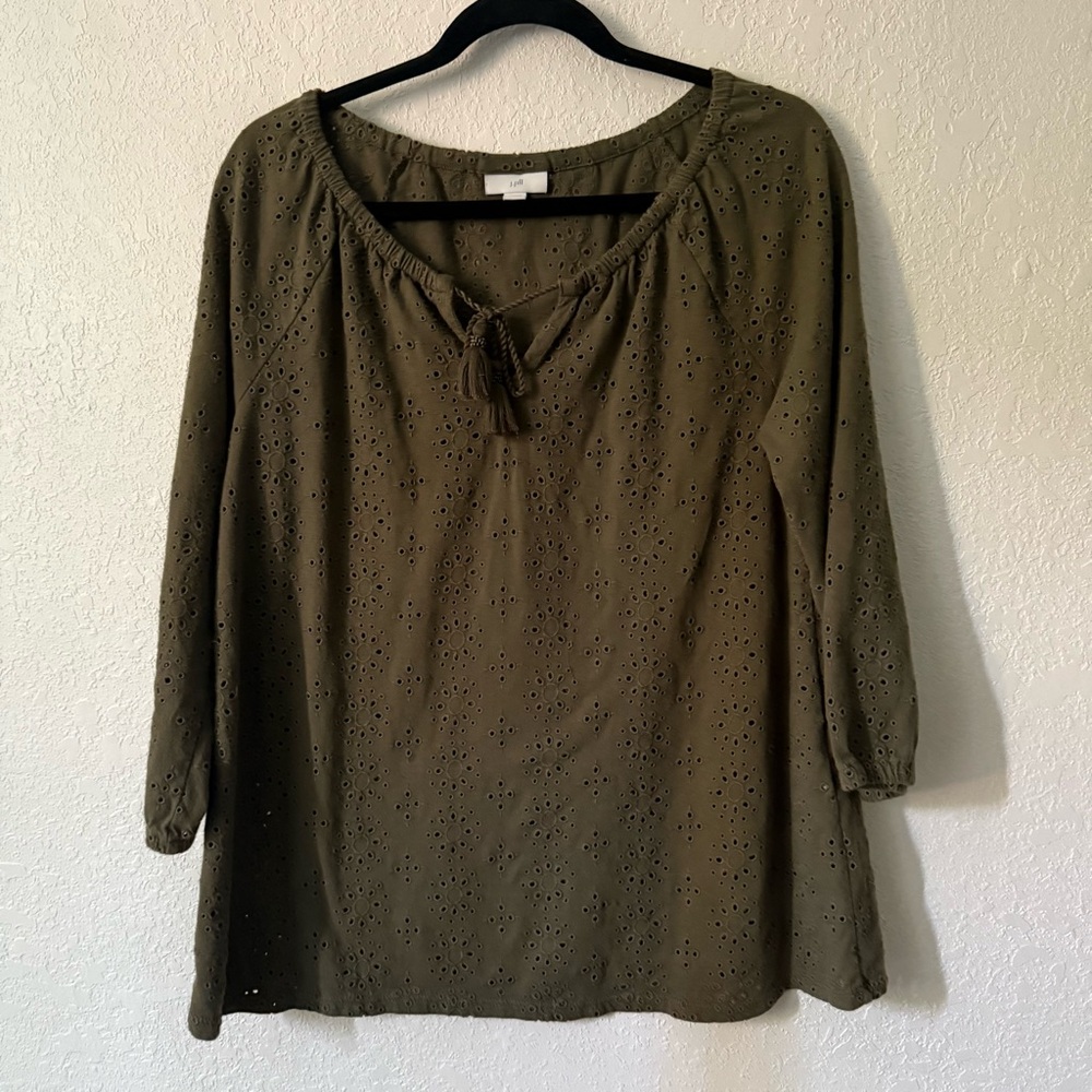 J. Jill Women’s 100% Cotton Eyelet Long Sleeve Draw String Blouse, Small